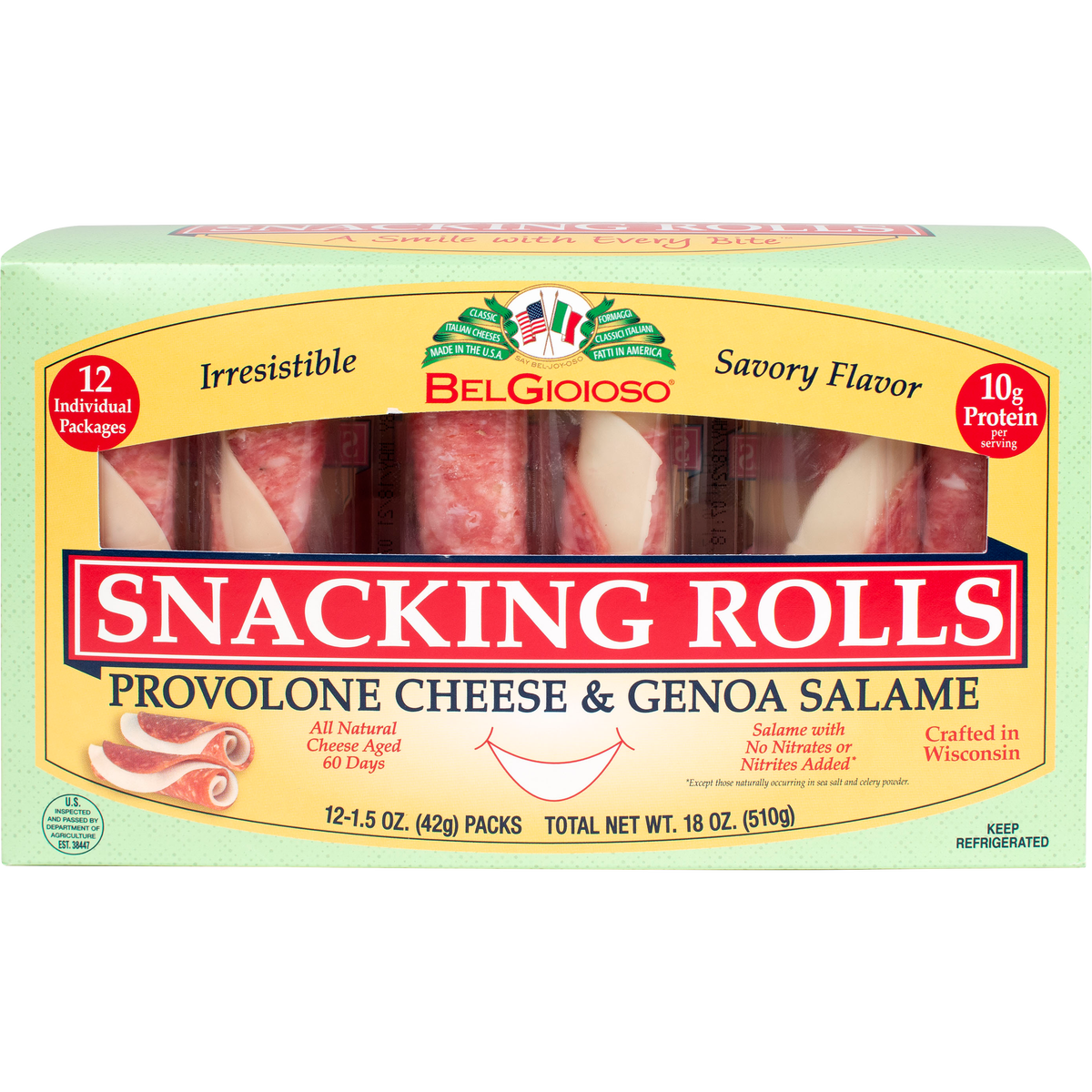 BelGioioso Snacking Rolls, Provolone Cheese & Genoa Salame, 1.5 oz, 12 ct