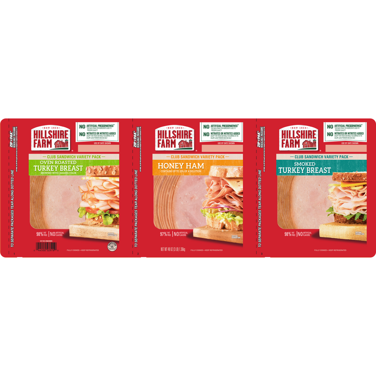 Hillshire Farm Lunchmeat, Sliced, Club Sandwich Variety Pack, 1 lb, 3 ct