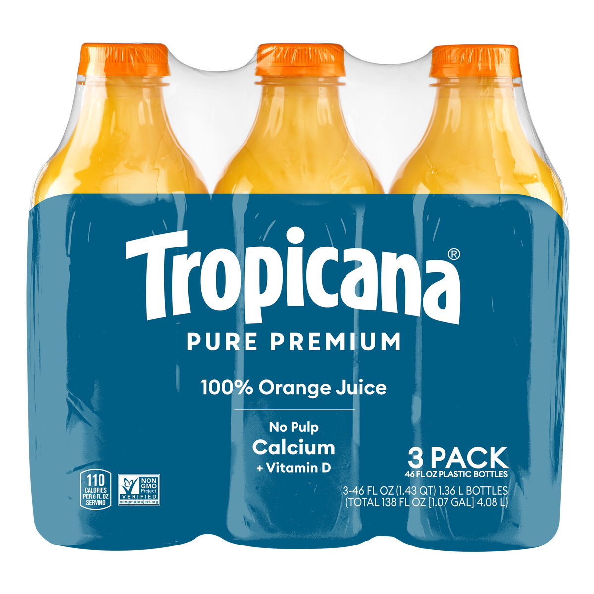 Tropicana Pure Premium 100% Orange Juice with Calcium + Vitamin D, No Pulp, 46 fl oz, 3 ct