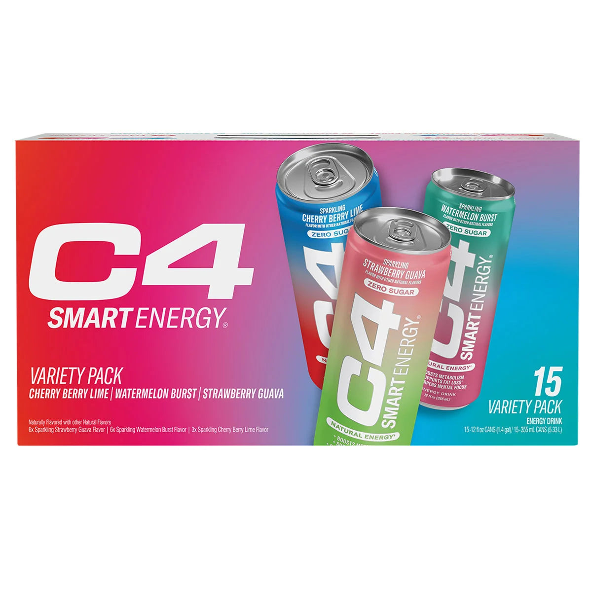 C4 Smart Energy Drink, Zero Sugar, Variety Pack, 12 fl oz, 15 ct
