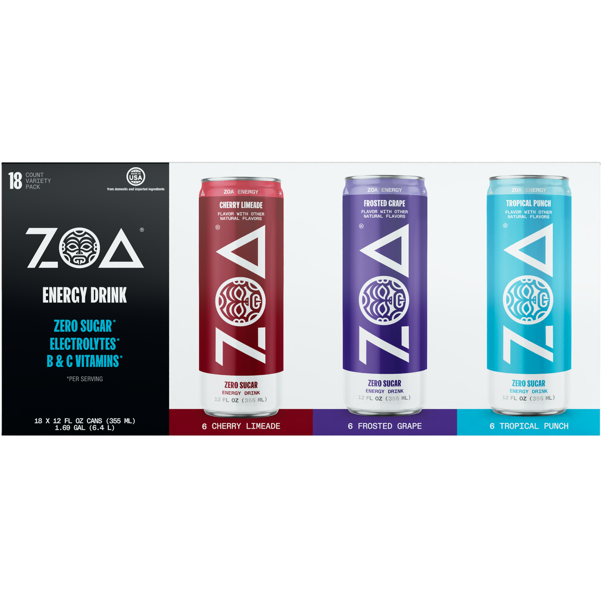 ZOA Energy Drink, Zero Sugar, Variety Pack, 12 fl oz, 18 ct