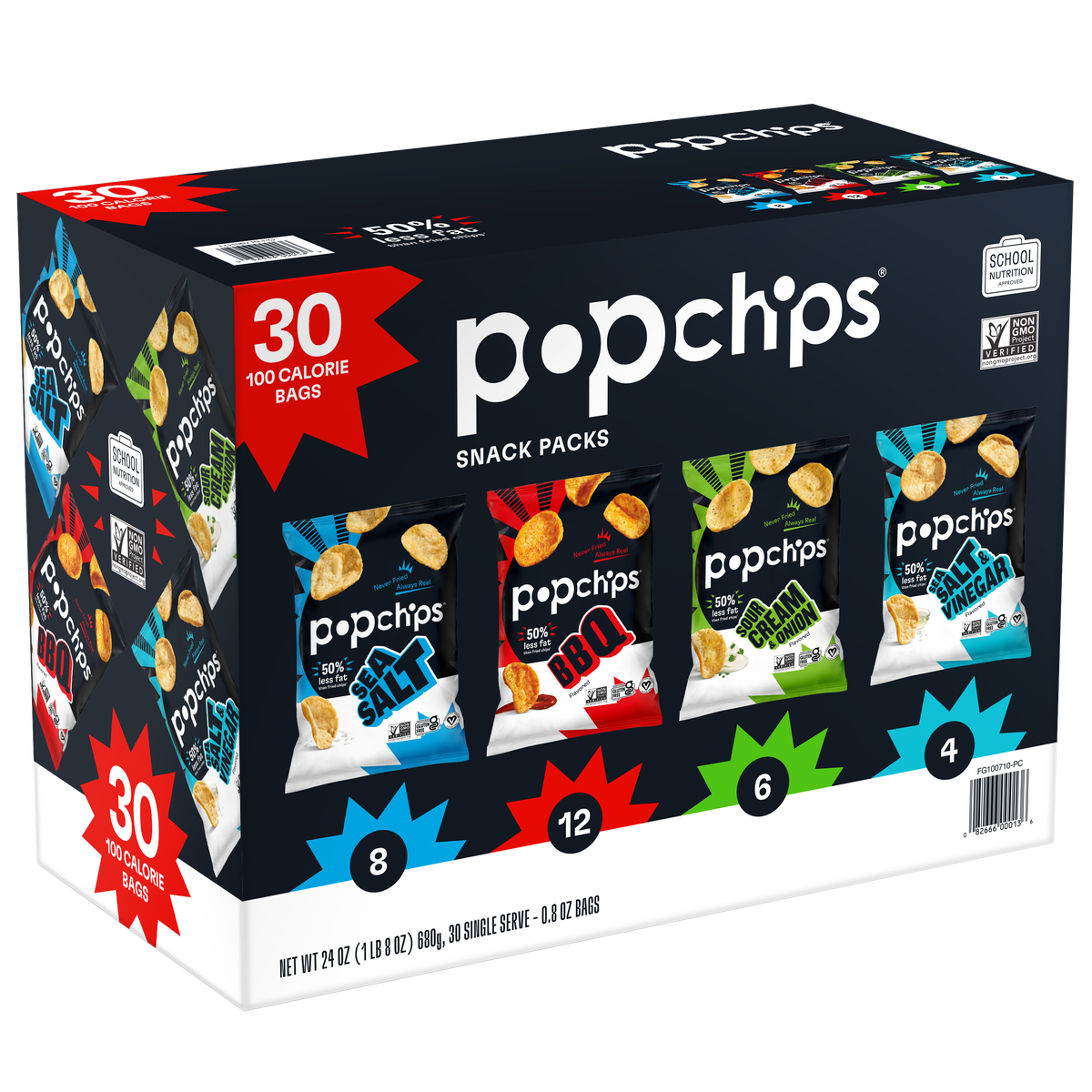 Popchips Potato Chips Snack Packs, Variety Pack, 0.8 oz, 30 ct