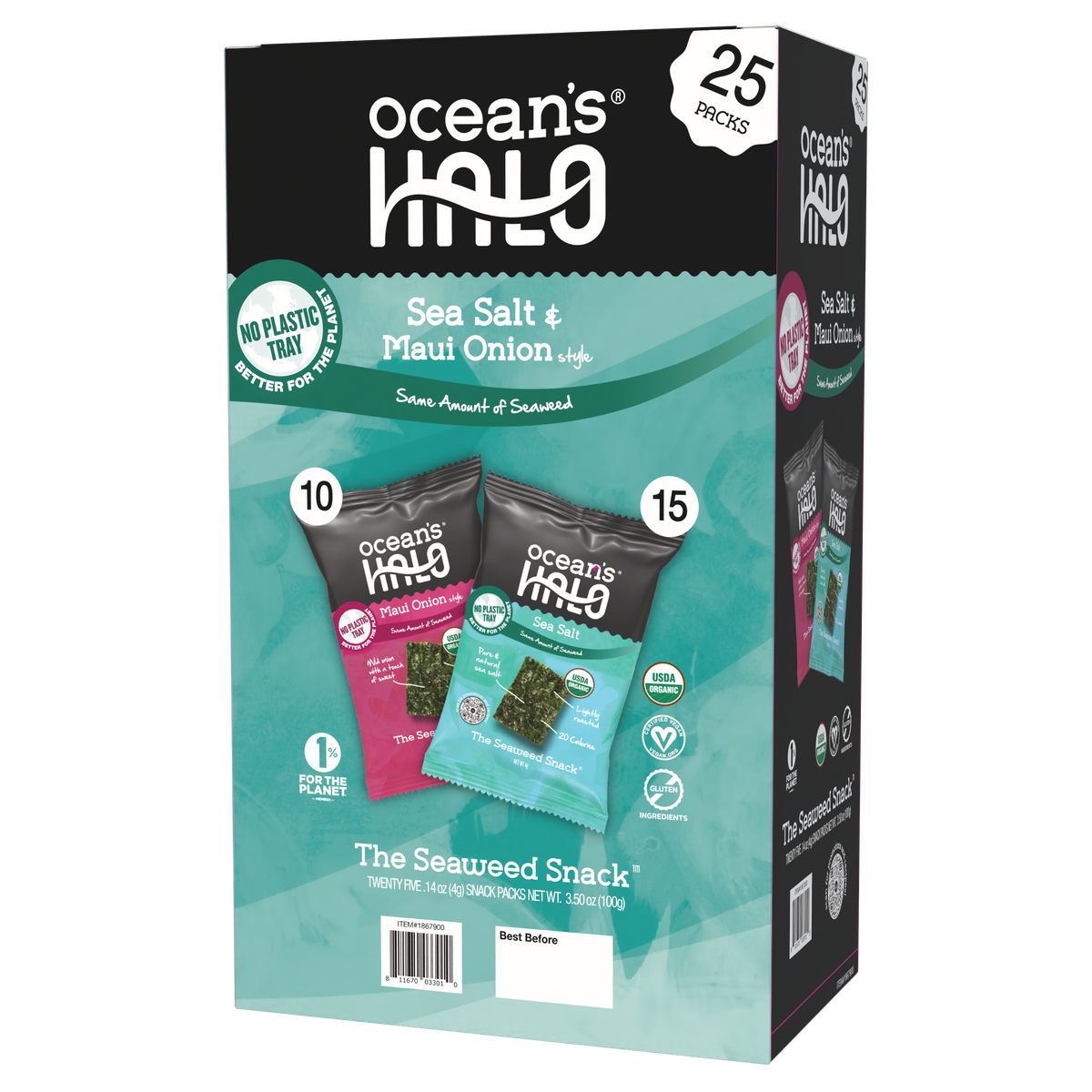 Ocean's Halo Organic Seaweed Snack, Maui Onion & Sea Salt, 0.14 oz, 25 ct