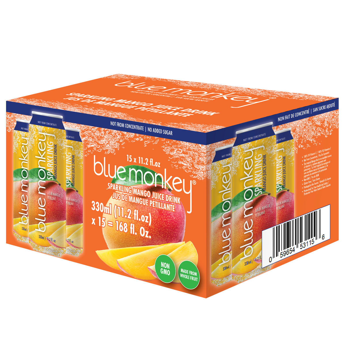 Blue Monkey Sparkling Juice Drink, Mango, 11.2 fl oz, 15 ct