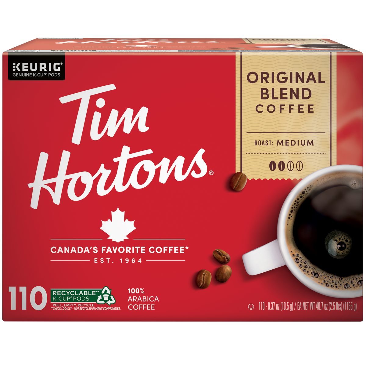 Tim Hortons Original Blend Coffee, Medium Roast, Keurig K-Cup Pods, 110 ct