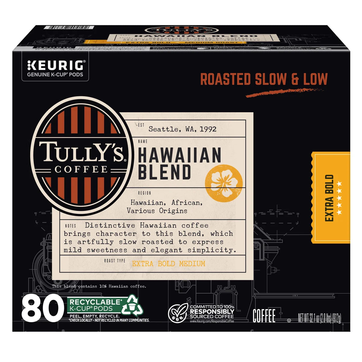 Tully’s Hawaiian Blend Coffee, Extra Bold Medium Roast, Keurig K-Cup Pods, 80 ct