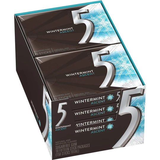 5 Gum Sugar Free Chewing Gum, Wintermint Ascent, 15 Sticks, 10 ct