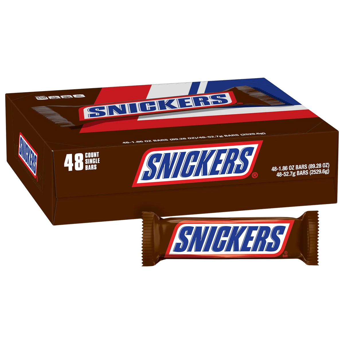 Snickers Peanut Chocolate Candy Bar, Full Size, 1.86 oz, 48 ct