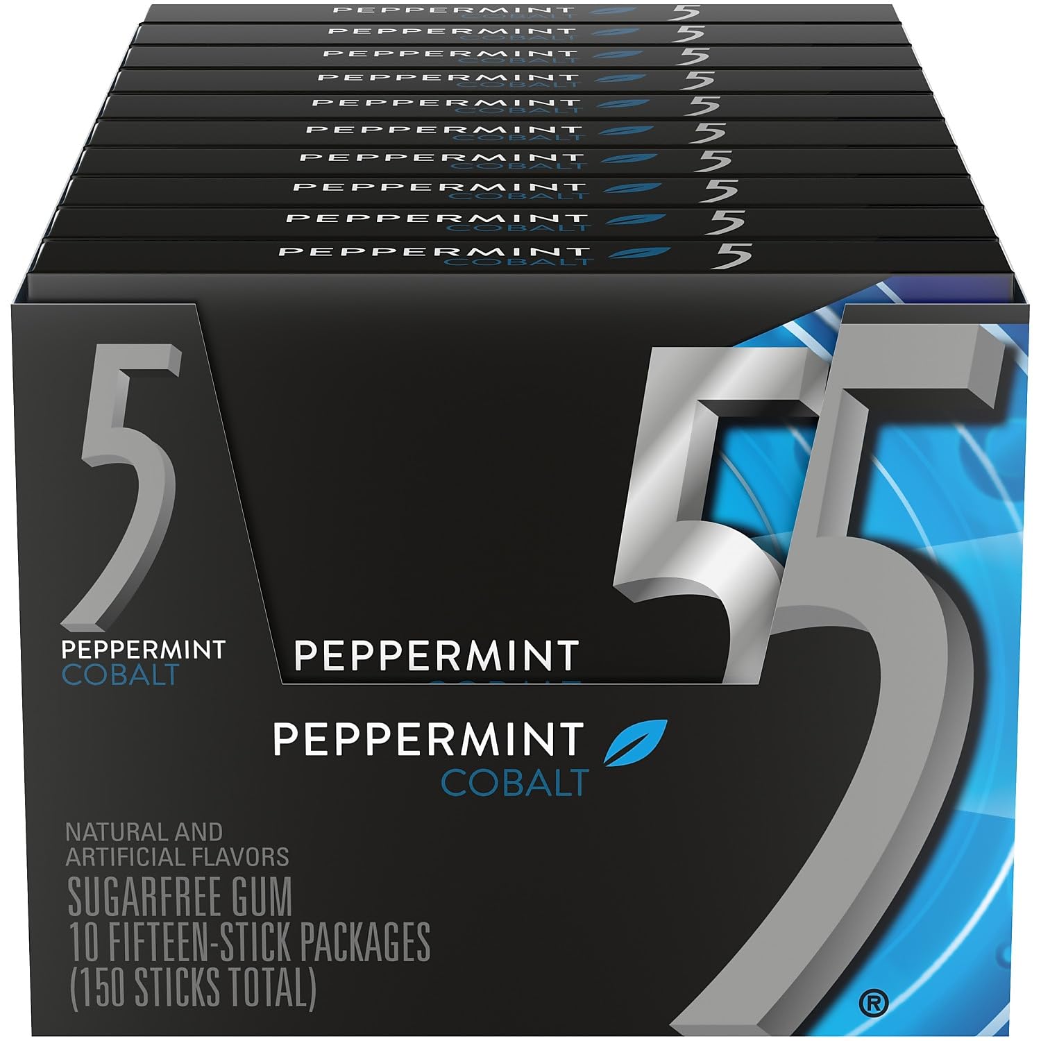5 Gum Sugar Free Chewing Gum, Peppermint Cobalt, 15 Sticks, 10 ct