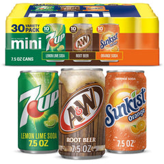 7UP, A&W, Sunkist Mini Can Variety Pack, 7.5 fl oz, 30 ct