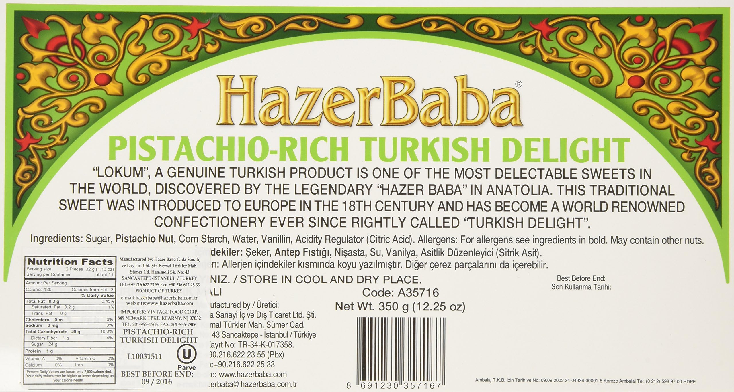 Hazer Baba Turkish Delight Double Roasted Pistachio-rich 350g (12.25 oz)