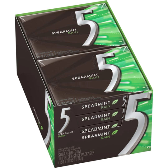 5 Gum Sugar Free Chewing Gum, Spearmint Rain, 15 Sticks, 10 ct