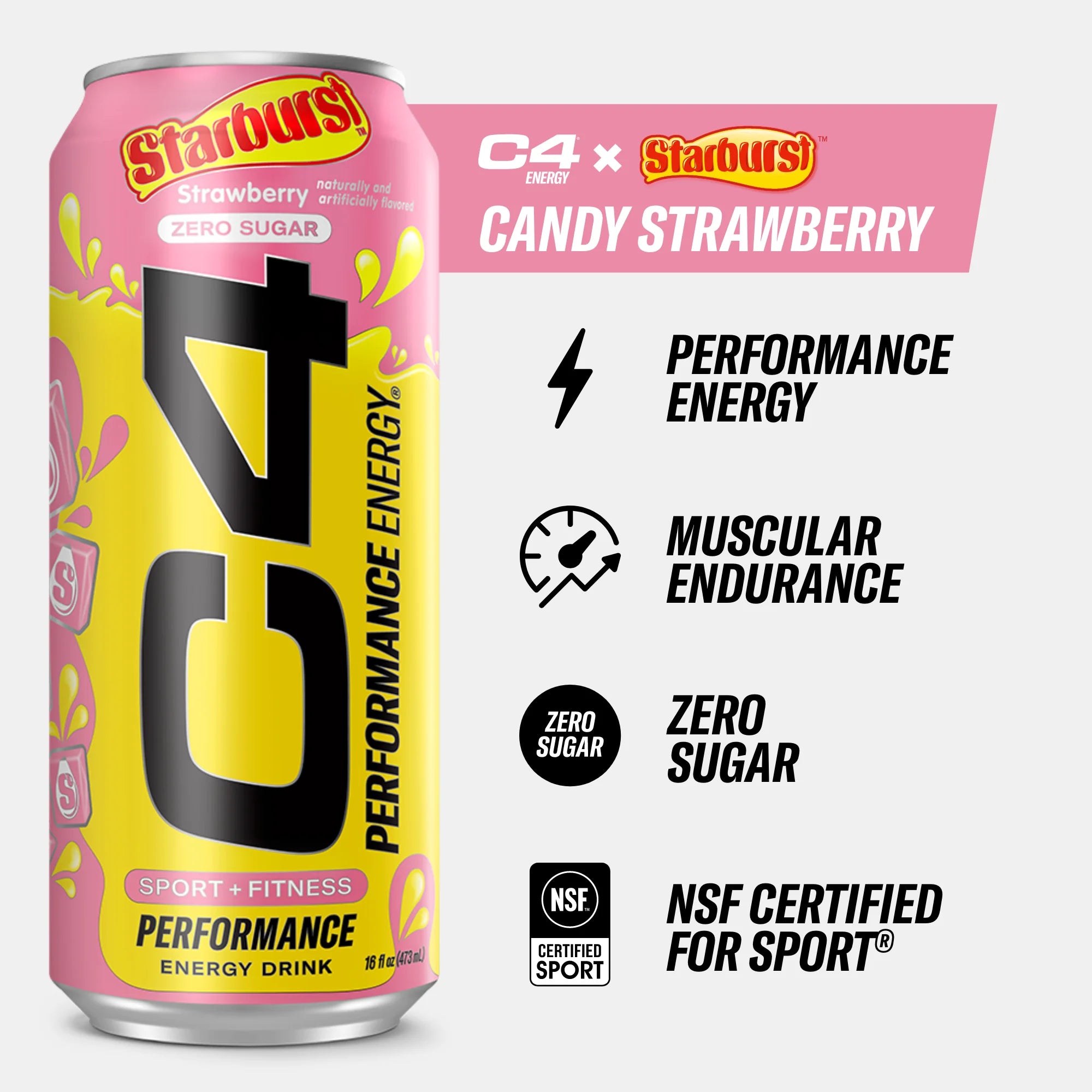 C4 Energy Drink, Zero Sugar, Starburst Strawberry, 16 fl oz, 12 ct