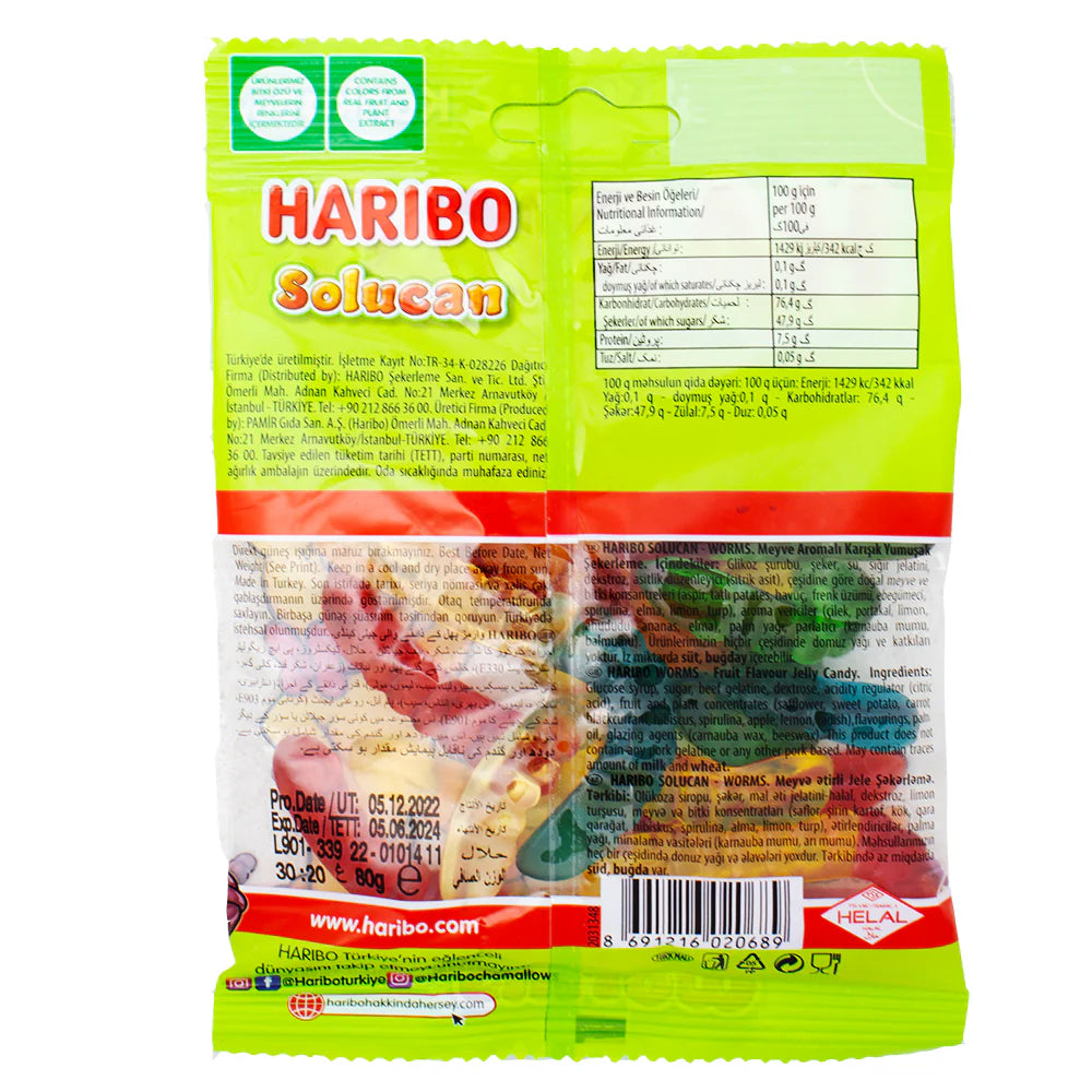 Haribo Sour Worms Gummy Candy, 80g (Halal, Made in Turkey)