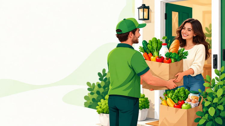 iGotEat delivery driver in a green cap handing a bag of fresh groceries to a smiling customer at her front door