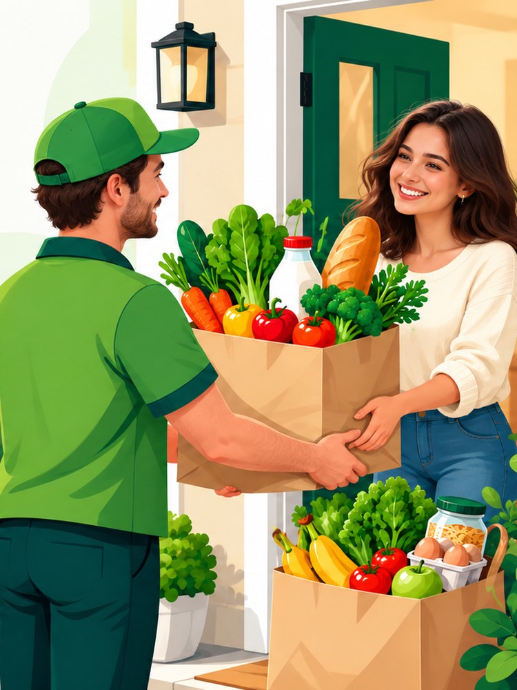 iGotEat delivery driver handing a bag of fresh vegetables, bread and milk to a smiling customer at her door