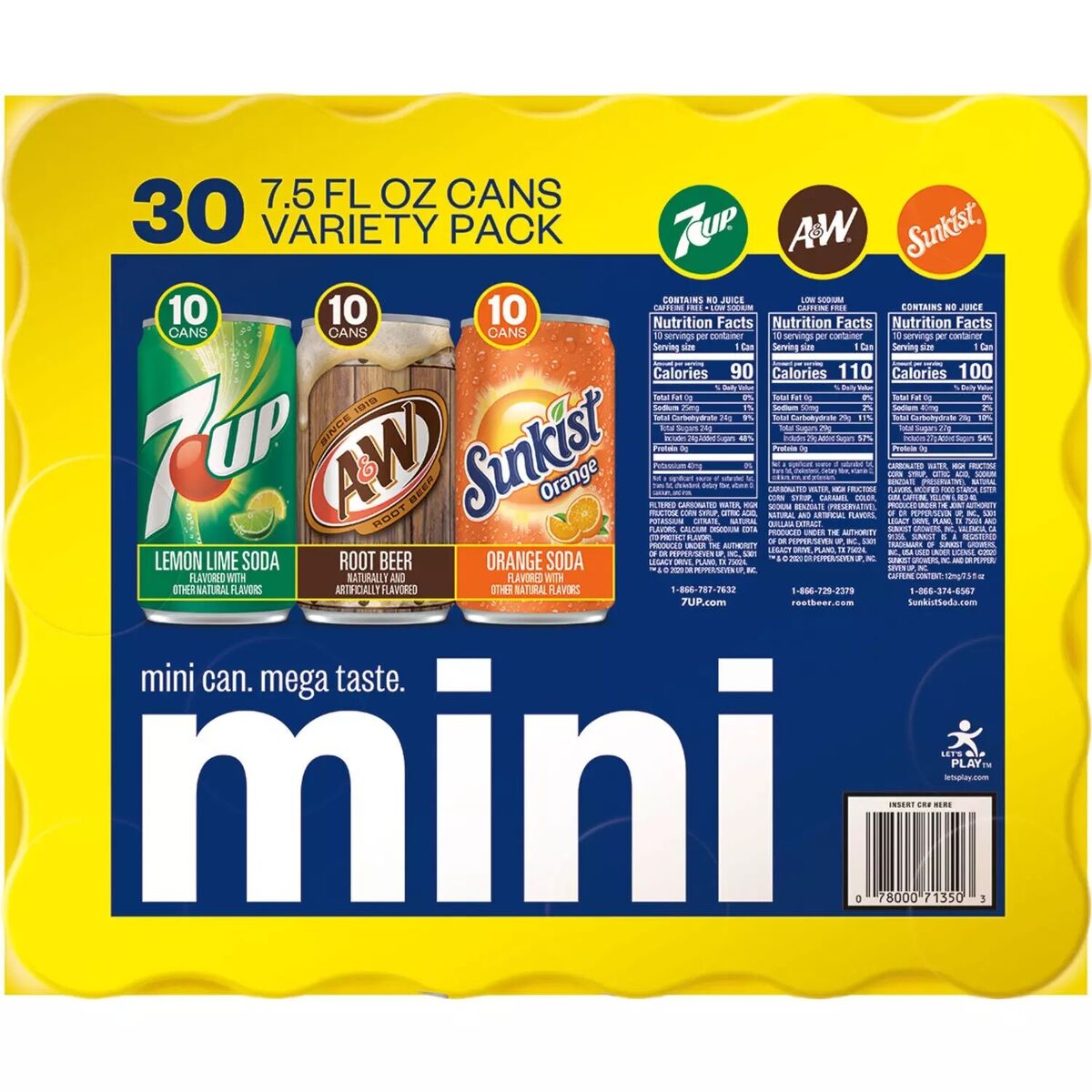 7UP, A&W, Sunkist Mini Can Variety Pack, 7.5 fl oz, 30 ct