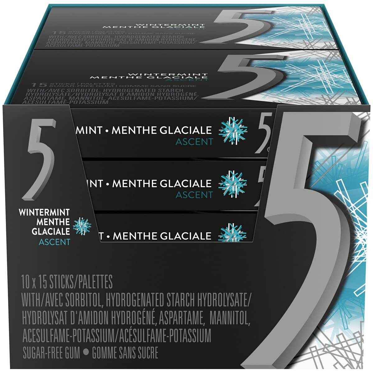 5 Gum Sugar Free Chewing Gum, Wintermint Ascent, 15 Sticks, 10 ct