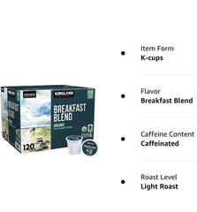 Kirkland Signature Organic Breakfast Blend Coffee, Light Roast, Keurig K-Cup Pods, 120 ct